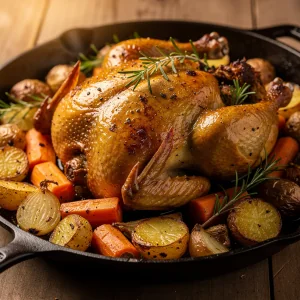 Golden-brown roasted whole chicken with crispy skin surrounded by roasted potatoes and carrots in a rustic pan
