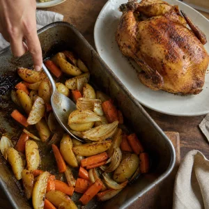Roasted vegetables tossed in schmaltzy chicken pan drippings before serving