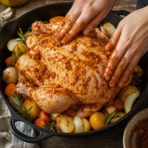 Spice paste rubbed over whole chicken set on vegetables with rosemary