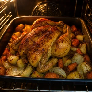 Whole chicken roasting over potatoes carrots and onions in the oven