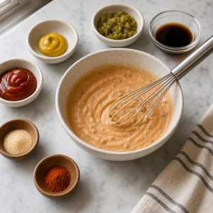 Burger sauce whisked with mayonnaise, ketchup, mustard, relish, Worcestershire, garlic powder, and paprika.