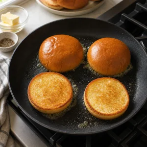 Buttered hamburger buns toasting cut-side down on a griddle until golden.