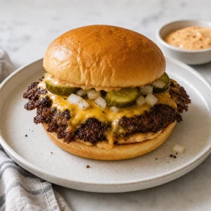 Finished smash burger served hot with crispy patty edges, gooey cheese, and a toasted bun.