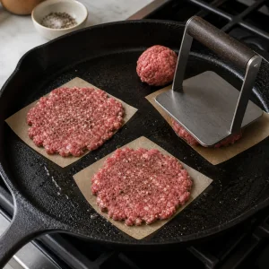 Ground beef balls pressed into thin smash burger patties on a hot griddle with parchment and a press.