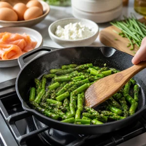 Asparagus pieces sauteing in olive oil in a skillet