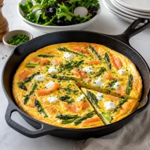 Finished smoked salmon asparagus frittata resting with a wedge sliced