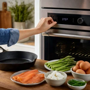 Oven being preheated to 375°F for smoked salmon asparagus frittata