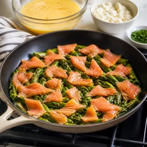 Sauteed asparagus topped with smoked salmon in a skillet