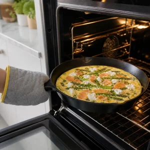Skillet of smoked salmon asparagus frittata being placed in the oven