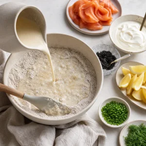 Masa de blini mezclada con salmón, crema, caviar y hierbas al lado