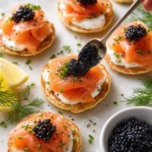 Blini con crème fraîche, salmón ahumado, cebollino, pimienta y caviar
