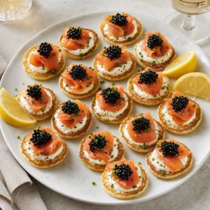 Blini terminados de salmón ahumado servidos en una fuente con gajos de limón
