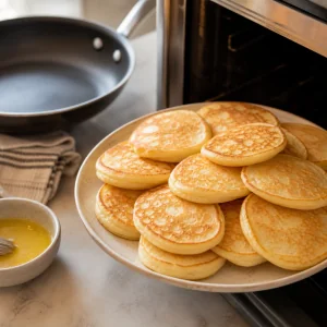 Blini dorados sin cobertura mantenidos calientes junto a sartén y mantequilla