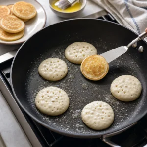 Blini pequeños cocinándose en sartén con mantequilla y burbujas en la superficie