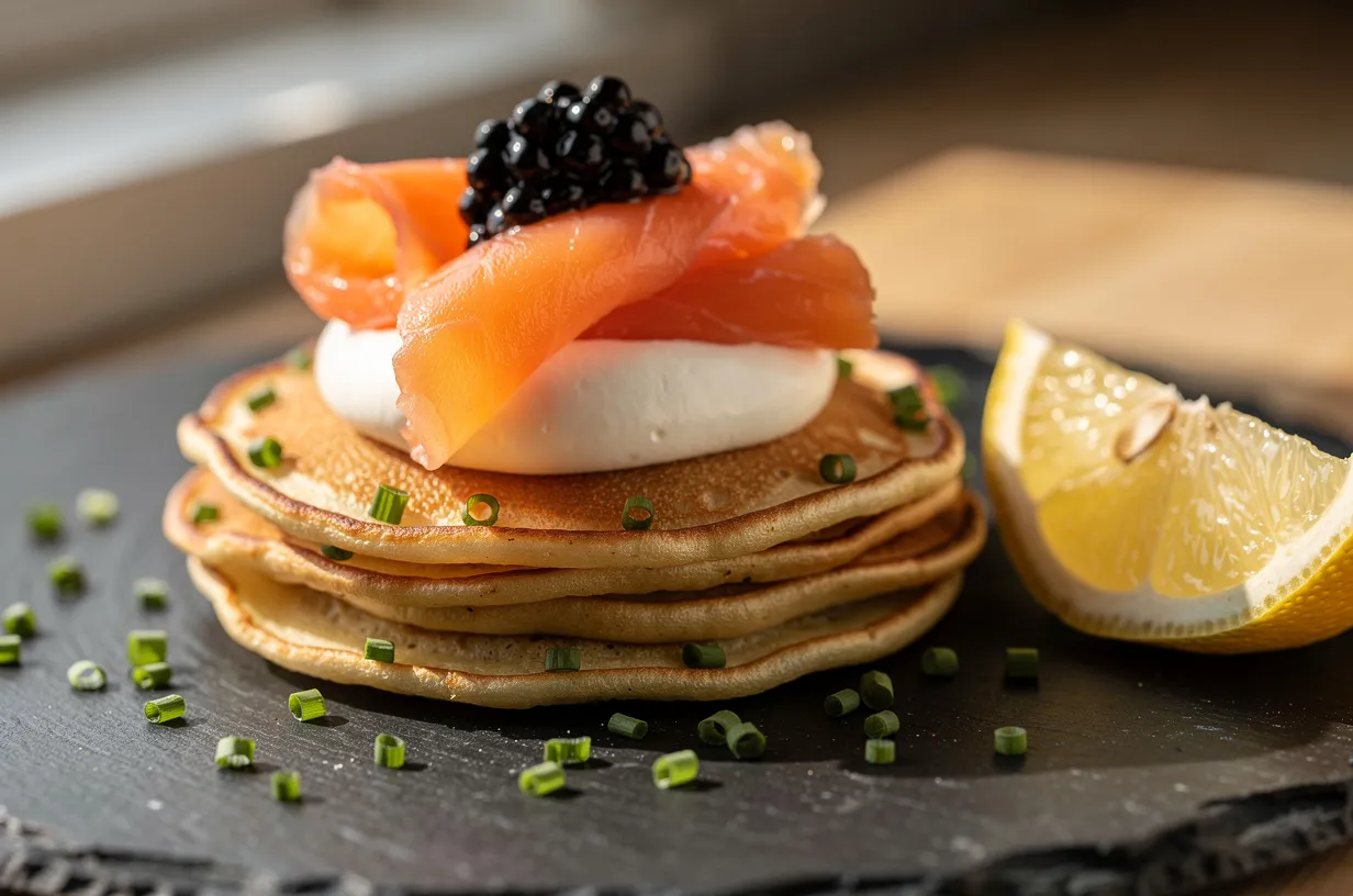 Blini z wędzonym łososiem, crème fraîche i kawior na imprezę