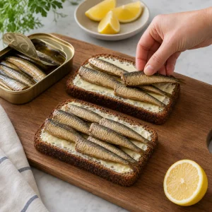 Arranging smoked sprats on buttered rye toast