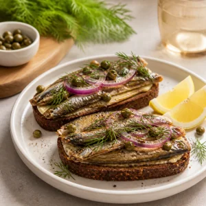 Finished smoked sprat sandwiches with lemon and dill