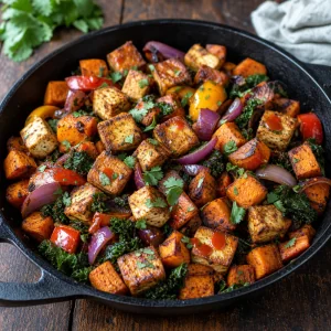Hash affumicato di patate dolci finito con tofu croccante e cavolo riccio