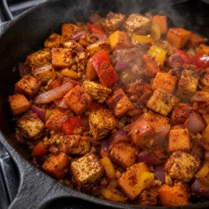 Aglio paprika affumicata e cumino mescolati nell hash in padella