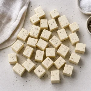 Cubetti di tofu pressato conditi con sale e pepe macinato