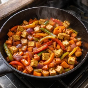 Cipolla rossa e peperone saltati con patate dolci e tofu