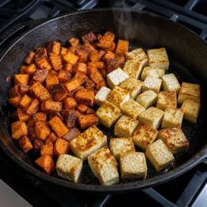 Cubetti di tofu che diventano dorati accanto alle patate dolci rosolate
