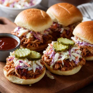 Slider di pollo BBQ sfilacciato con coleslaw e cetriolini