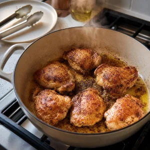 Cosce di pollo rosolate in una casseruola fino a doratura