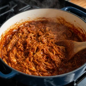Pollo sfilacciato che sobbolle mentre la salsa BBQ si addensa