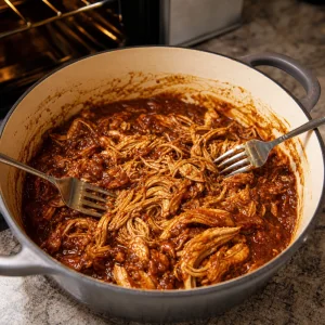Pollo BBQ tenero sfilacciato nella salsa con due forchette