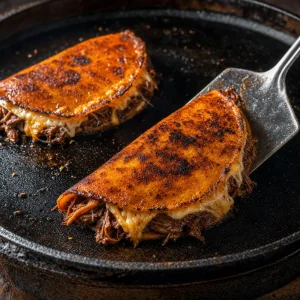Crisping birria tacos with melted cheese on a griddle