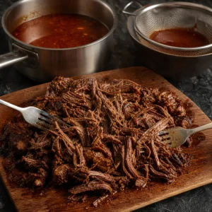 Shredded braised beef beside a pan of red consome