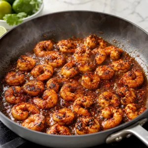Chipotle lime shrimp searing in a skillet