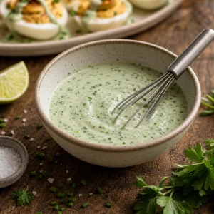 Sauce au yaourt vert aux herbes fouettee dans un bol