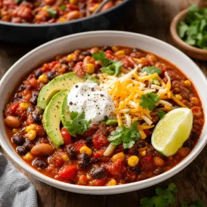 Bowl of smoky vegetarian bean chili with avocado and sour cream