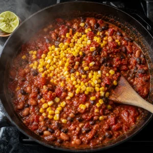 Corn stirred into thick vegetarian bean chili