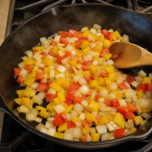 Diced onion and bell pepper sauteing until softened