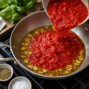 Diced tomatoes poured into the skillet with beans and vegetables