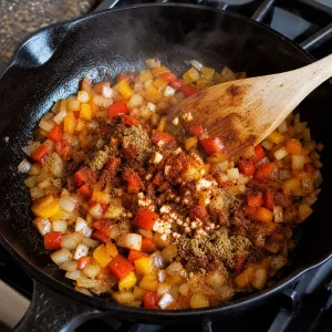 Garlic and chili spices stirred into softened vegetables