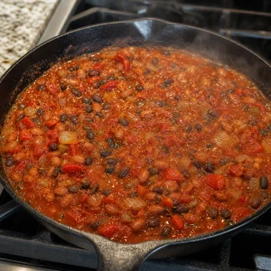 Vegetarian bean chili simmering gently in the skillet
