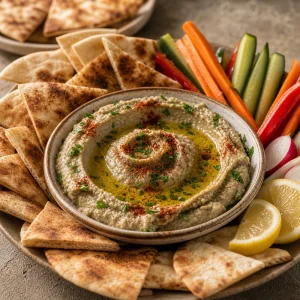 Baba ganoush servito con pita e verdure fresche