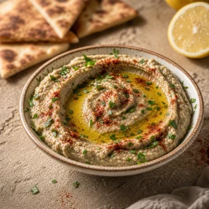 Baba ganoush con olio d oliva, paprika e prezzemolo
