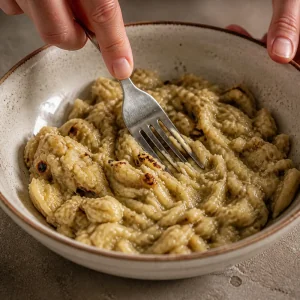 Melanzana arrostita schiacciata con una forchetta in una ciotola