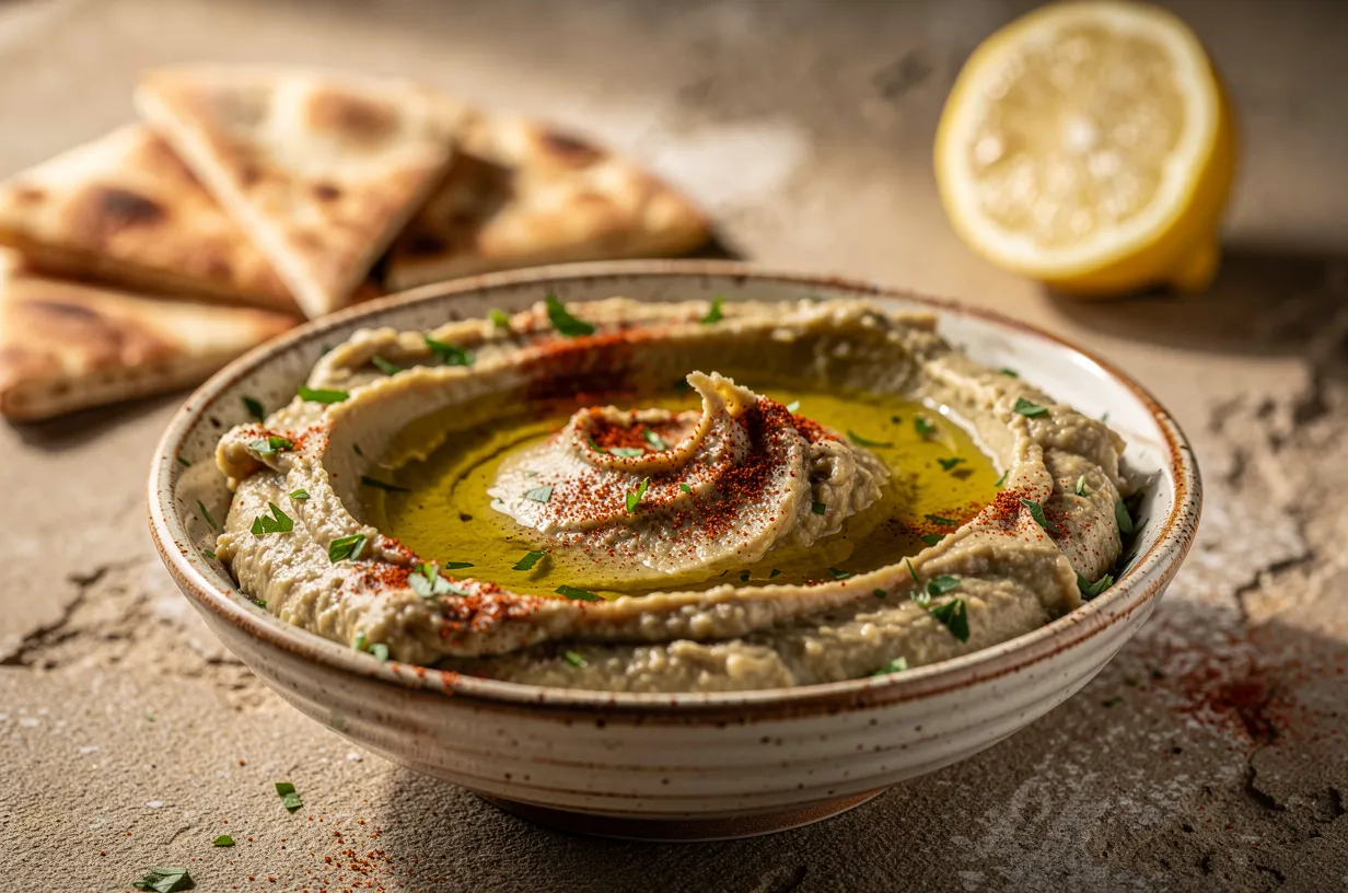 Baba ganoush asado y ahumado con limón, ajo y tahini