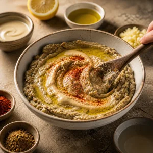 Tahini e spezie mescolati alla melanzana schiacciata