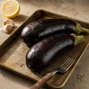 Melanzane intere bucherellate su una teglia