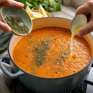 Getrocknete Minze und Zitronensaft werden in cremige Linsensuppe geruehrt