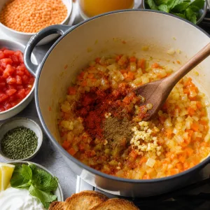 Knoblauch, Rauchpaprika und Kreuzkuemmel werden unter weiches Gemuese geruehrt