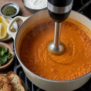 Stabmixer pueriert die rote Linsen-Tomatensuppe