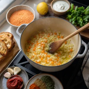 Zwiebel und Moehre duensten in Olivenoel fuer tuerkische Linsensuppe